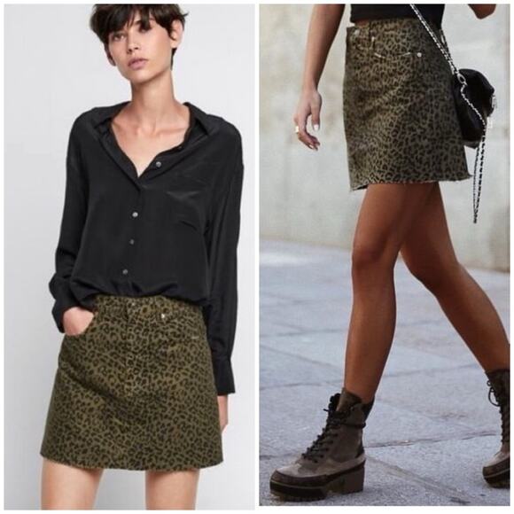Zara Premium Denim Leopard Animal Print Frayed Jean Olive Mini Skirt - Picture 1 of 12